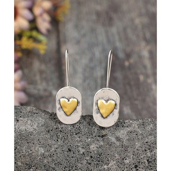 Hammered 2 Tone Silver Heart Drop Earrings Long Hook Vtg Style Pendant Retro - Picture 4 of 6